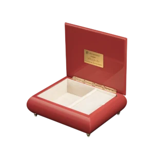 Royal Boat Ride music box shown open, with cream velvet interior and gold wind-up movement, made in Sorrento