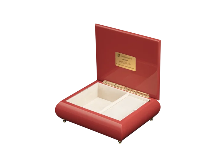 Royal Boat Ride music box shown open, with cream velvet interior and gold wind-up movement, made in Sorrento