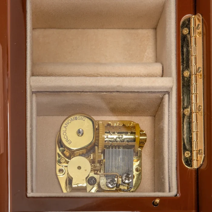 Close-up of the 18-note hand-tuned carillon movement of an Ercolano Sorrento music box