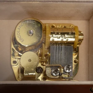 Close-up of the 18-note hand-tuned carillon movement of an Ercolano Sorrento music box