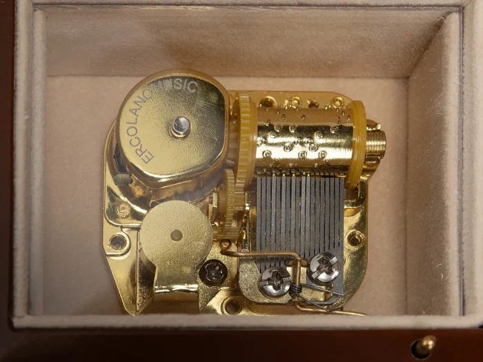 Close-up of the 18-note hand-tuned carillon movement of an Ercolano Sorrento music box