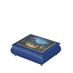 A Moonlight Serenade Italian music box — cobalt blue lacquered box with lantern-lit figures dancing under a crescent moon on the lid, handmade in Sorrento