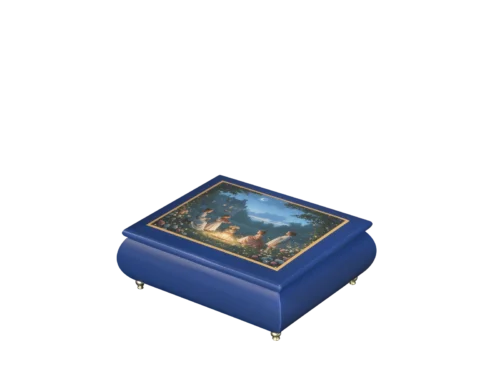 A Moonlight Serenade Italian music box — cobalt blue lacquered box with lantern-lit figures dancing under a crescent moon on the lid, handmade in Sorrento