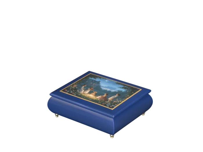 A Moonlight Serenade Italian music box — cobalt blue lacquered box with lantern-lit figures dancing under a crescent moon on the lid, handmade in Sorrento