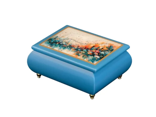 Close-up of a vibrant night cityscape on the Urban Symphony Sorrento music box lid
