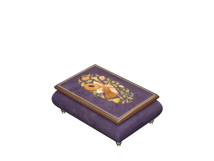 Inlaid 416 Violin music box in deep purple, hand-inlaid violin marquetry, handmade in Sorrento