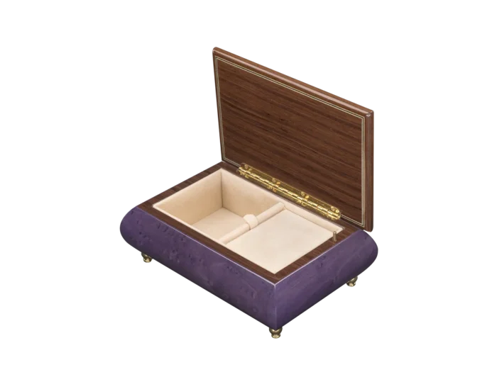 Inlaid 416 Violin music box open, velvet-lined interior, Sorrentine violin marquetry