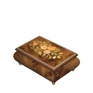 Inlaid 416 Flowers music box in elm burl, hand-inlaid floral marquetry, handmade in Sorrento
