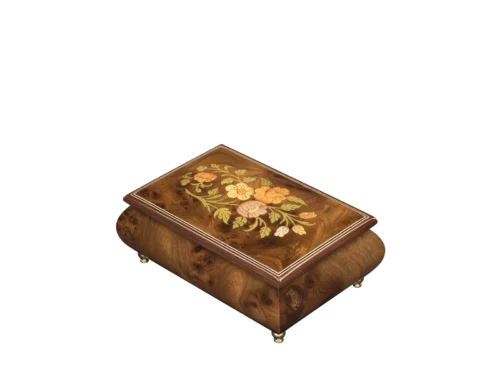 Inlaid 416 Flowers music box in elm burl, hand-inlaid floral marquetry, handmade in Sorrento