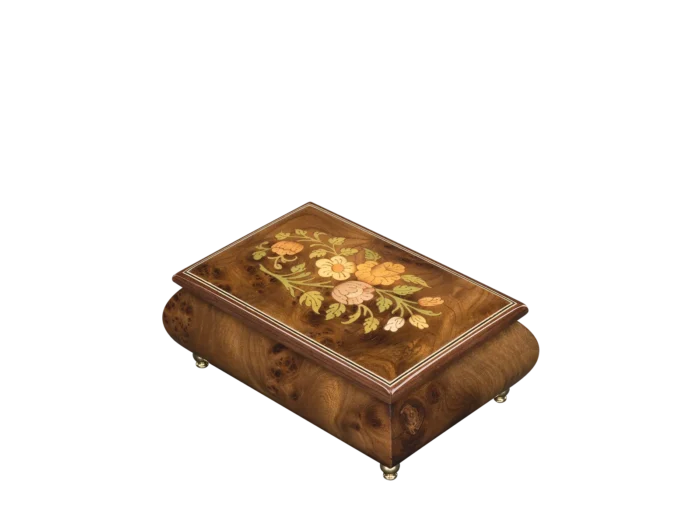 Inlaid 416 Flowers music box in elm burl, hand-inlaid floral marquetry, handmade in Sorrento