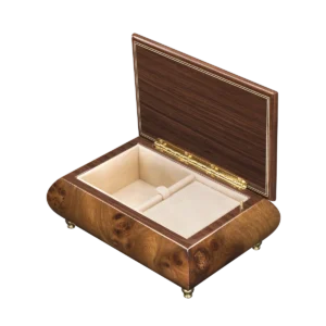 Inlaid 416 Flowers music box open, velvet-lined interior, Sorrentine floral marquetry