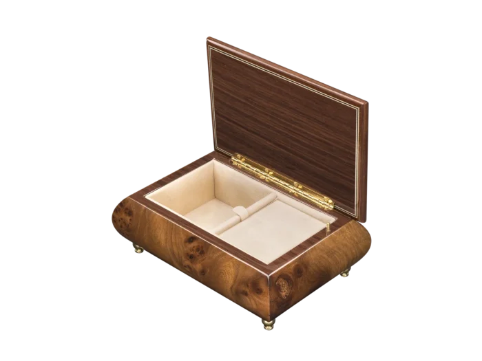 Inlaid 416 Flowers music box open, velvet-lined interior, Sorrentine floral marquetry
