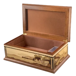 Partenope music box open, revealing its suede-lined interior