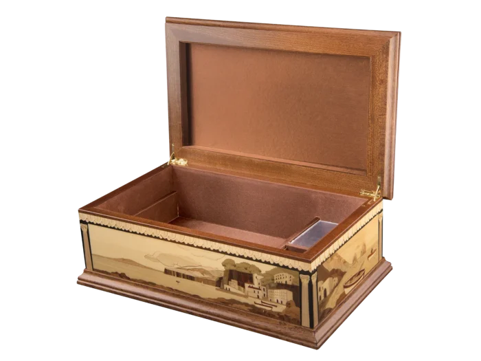 Partenope music box open, revealing its suede-lined interior