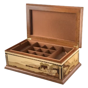 Partenope music box open with its compartmented jewellery tray in place