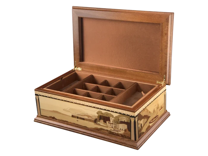 Partenope music box open with its compartmented jewellery tray in place
