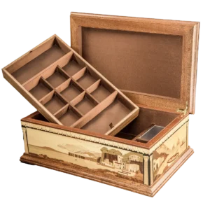 Removable jewellery tray of the Partenope music box lifted to reveal the lower compartment