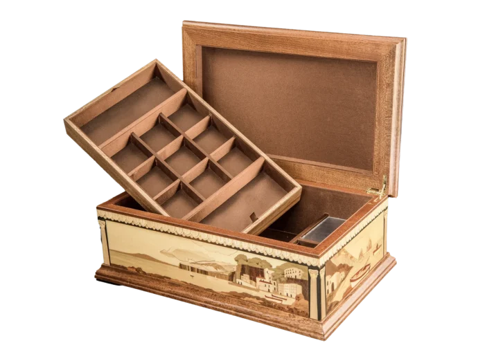 Removable jewellery tray of the Partenope music box lifted to reveal the lower compartment