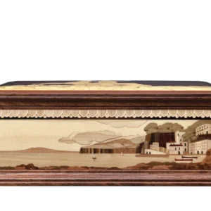 Inlaid side panel of the Partenope music box: the Sorrento coast between hand-carved columns