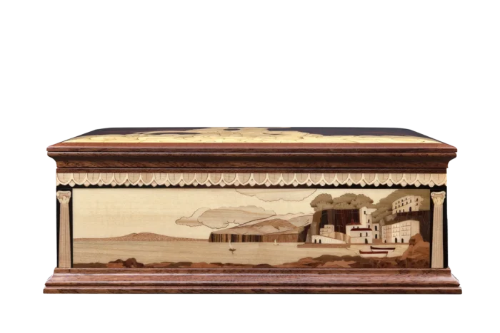 Inlaid side panel of the Partenope music box: the Sorrento coast between hand-carved columns