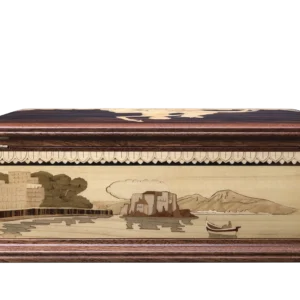 Inlaid panel of the Partenope music box: a seaside castle and Vesuvius across the Bay of Naples