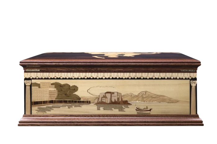 Inlaid panel of the Partenope music box: a seaside castle and Vesuvius across the Bay of Naples