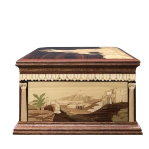 Side panel of the Partenope music box: classical ruins of Pompei inlaid in fine wood veneers, with Vesuvius beyond