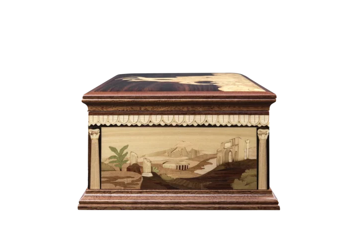 Side panel of the Partenope music box: classical ruins of Pompei inlaid in fine wood veneers, with Vesuvius beyond