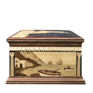 Side panel of the Partenope music box: fishing boats and the rocks of Capri, hand-cut in marquetry