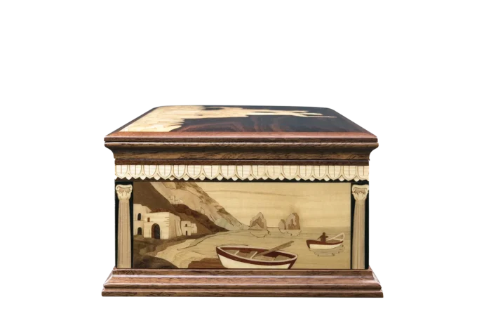 Side panel of the Partenope music box: fishing boats and the rocks of Capri, hand-cut in marquetry