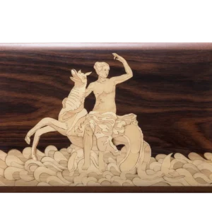 Lid of the Partenope music box: the siren Parthenope riding a hippocampus over the waves, hand-cut in wood marquetry