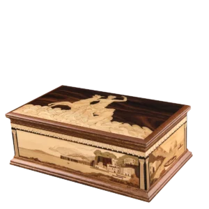 Partenope inlaid music box, closed, with the siren marquetry lid and inlaid Bay of Naples panels, handcrafted in Sorrento