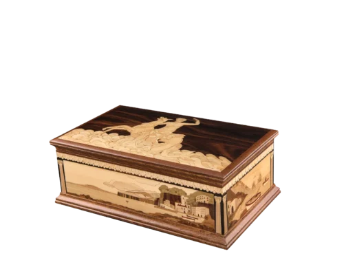 Partenope inlaid music box, closed, with the siren marquetry lid and inlaid Bay of Naples panels, handcrafted in Sorrento