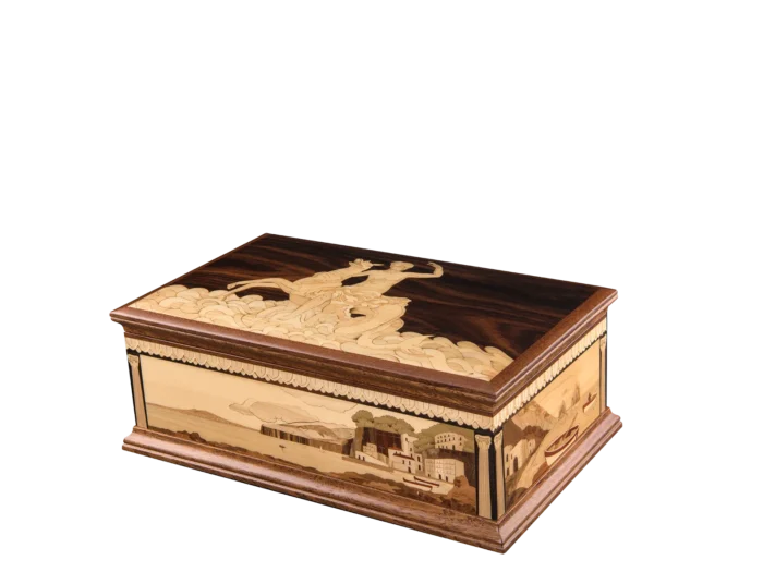Partenope inlaid music box, closed, with the siren marquetry lid and inlaid Bay of Naples panels, handcrafted in Sorrento