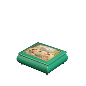 The Enchanted Picnic Victorian picnic music box, closed — green hand-lacquered box with young women at a lace-set picnic table on a chateau lawn, one of them playing the violin on the art lid, handmade in Sorrento