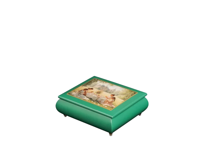 The Enchanted Picnic Victorian picnic music box, closed — green hand-lacquered box with young women at a lace-set picnic table on a chateau lawn, one of them playing the violin on the art lid, handmade in Sorrento