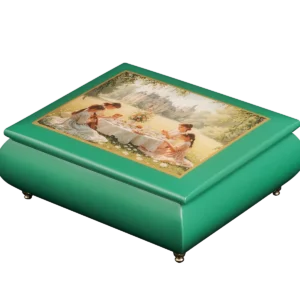 The Enchanted Picnic Victorian picnic music box — close-up of the green art lid with young women at a lace-set picnic table on a chateau lawn, one of them playing the violin, handcrafted in Sorrento