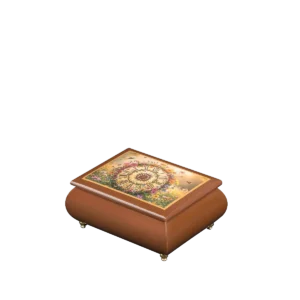 The Garden Clock flower clock music box, closed — walnut hand-lacquered box with a Roman-numeral clock face ringed with wildflowers and hummingbirds on the art lid, handmade in Sorrento