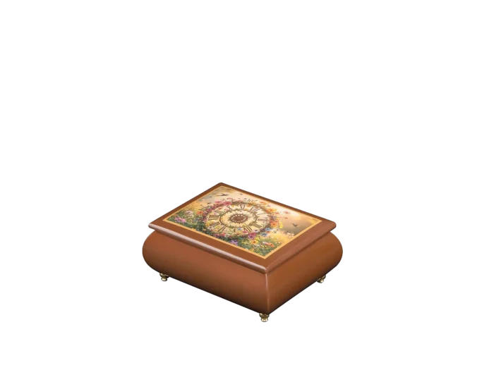The Garden Clock flower clock music box, closed — walnut hand-lacquered box with a Roman-numeral clock face ringed with wildflowers and hummingbirds on the art lid, handmade in Sorrento