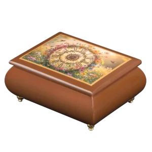 The Garden Clock flower clock music box — close-up of the walnut art lid with a Roman-numeral clock face ringed with wildflowers and hummingbirds, handcrafted in Sorrento