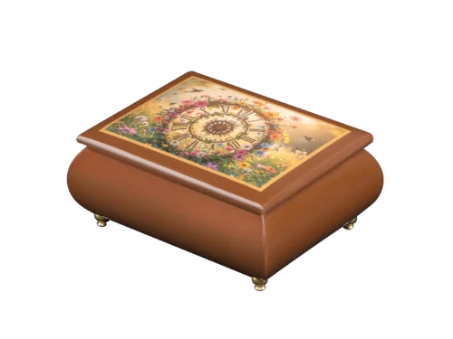 The Garden Clock flower clock music box — close-up of the walnut art lid with a Roman-numeral clock face ringed with wildflowers and hummingbirds, handcrafted in Sorrento