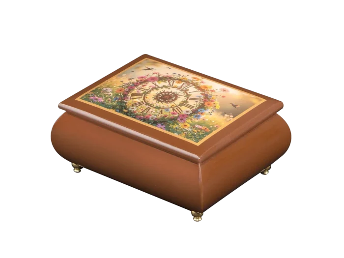 The Garden Clock flower clock music box — close-up of the walnut art lid with a Roman-numeral clock face ringed with wildflowers and hummingbirds, handcrafted in Sorrento