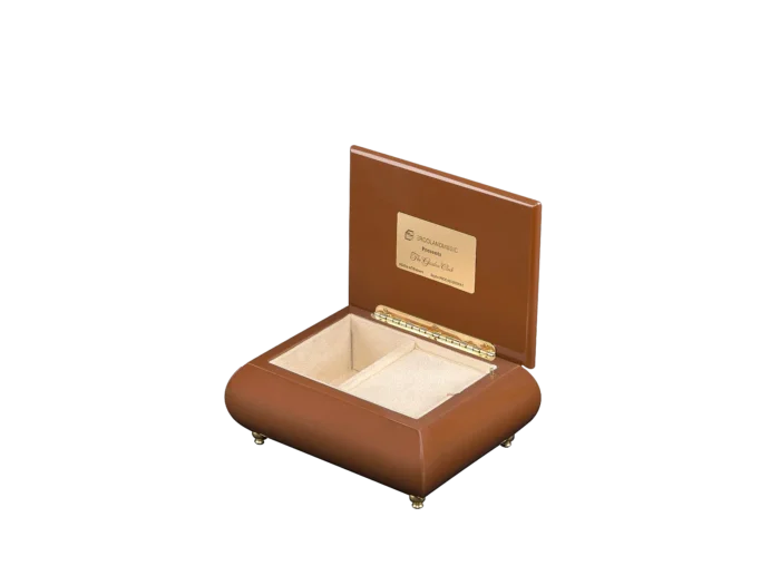 The Garden Clock music box shown open, with its velvet-lined interior and gold wind-up movement, made in Sorrento