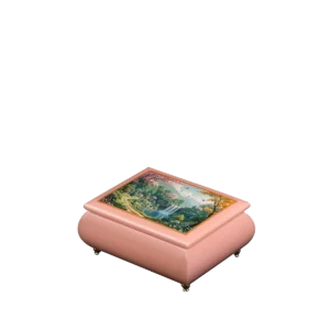 Serene Sanctuary waterfall music box, closed — pink hand-lacquered box with a waterfall spilling into a wooded valley, with blossoming trees and a winding path on the art lid, handmade in Sorrento