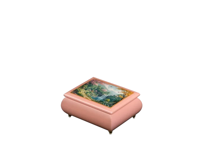 Serene Sanctuary waterfall music box, closed — pink hand-lacquered box with a waterfall spilling into a wooded valley, with blossoming trees and a winding path on the art lid, handmade in Sorrento