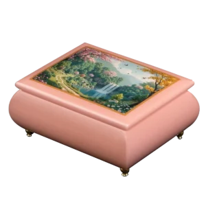 Serene Sanctuary waterfall music box — close-up of the pink art lid with a waterfall spilling into a wooded valley, with blossoming trees and a winding path, handcrafted in Sorrento