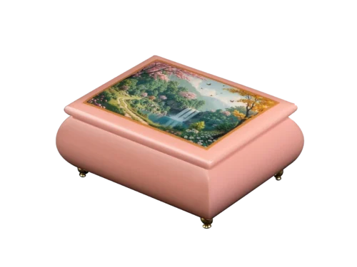 Serene Sanctuary waterfall music box — close-up of the pink art lid with a waterfall spilling into a wooded valley, with blossoming trees and a winding path, handcrafted in Sorrento