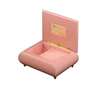 Serene Sanctuary music box shown open, with its velvet-lined interior and gold wind-up movement, made in Sorrento