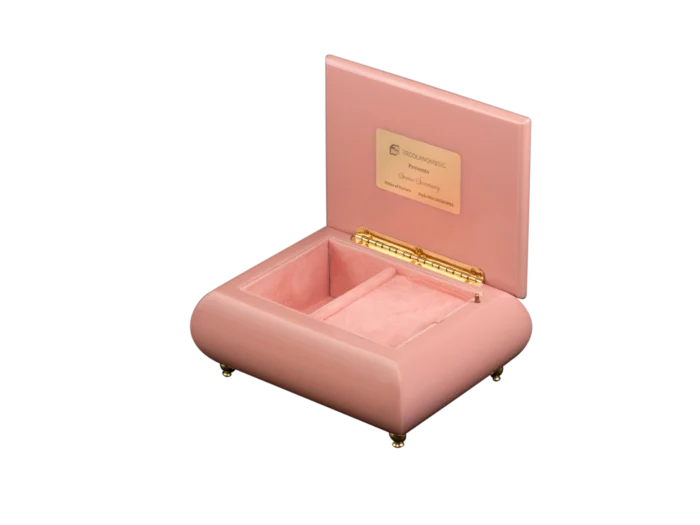 Serene Sanctuary music box shown open, with its velvet-lined interior and gold wind-up movement, made in Sorrento